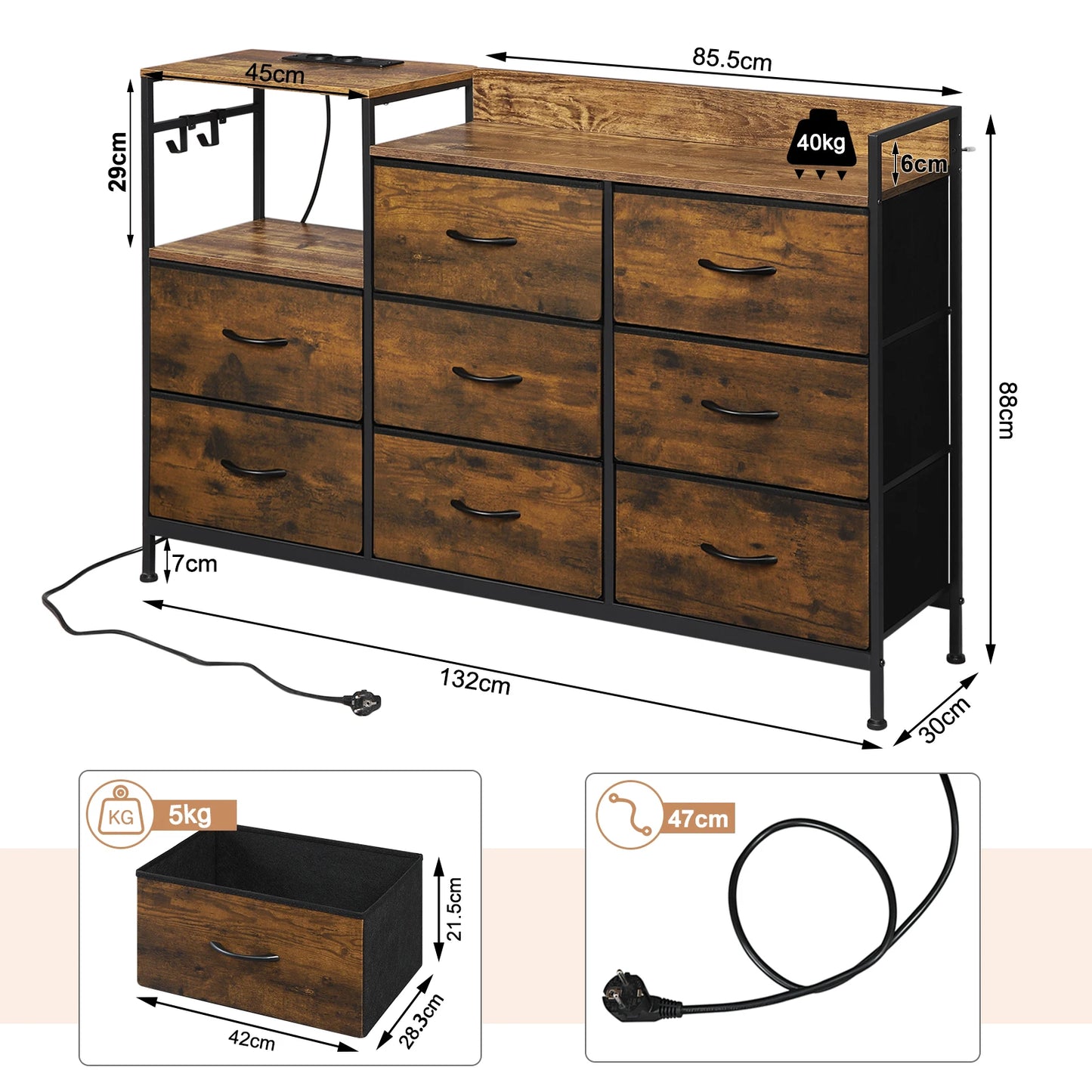 Home Organization Storage Cabinet 8 Drawer Chest with Charging Station Fabric Drawers Hooks for Living Room Bedroom