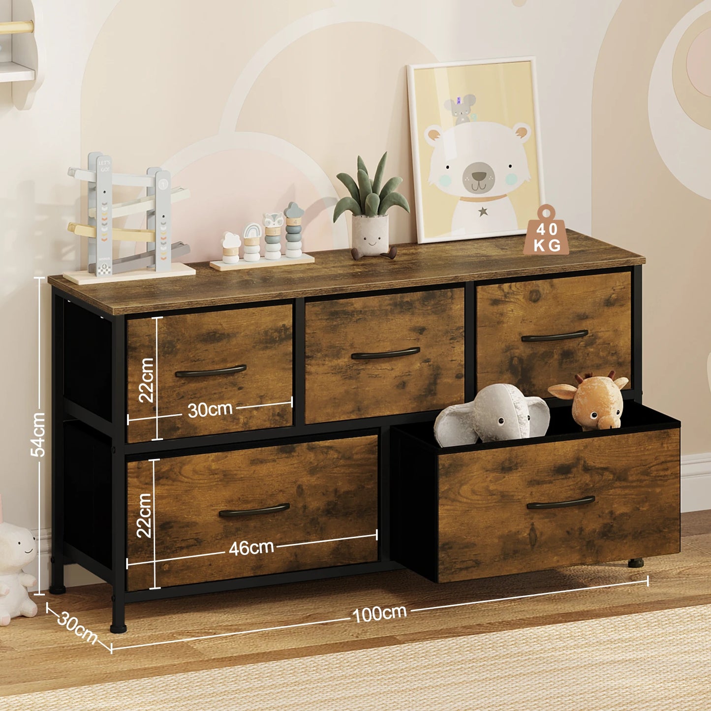 TV Cabinet Sideboard 5 Drawer Fabric Chest Storage Unit 2 Tier Wardrobe for Living Room Bedroom Hallway