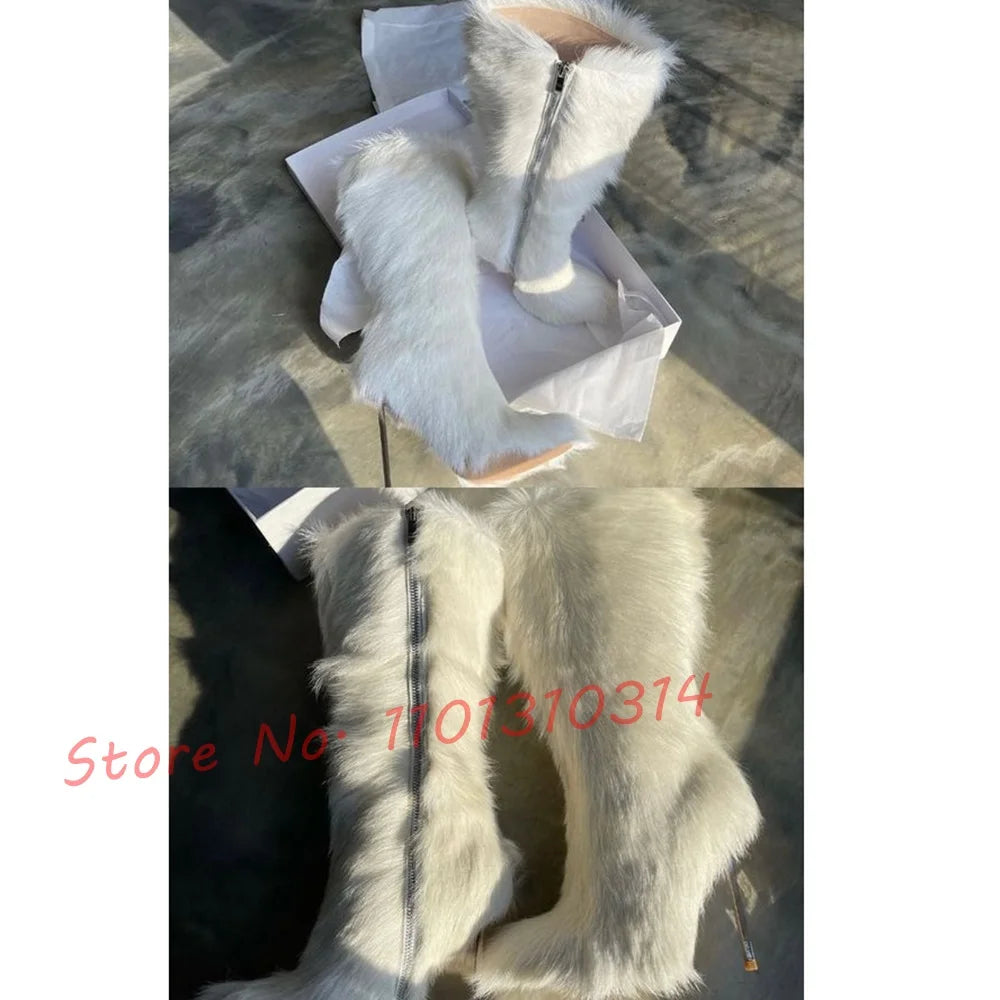 White Fur Warm High Boots Women Winter Elegant Snow Metal Stiletto Heel Sexy Shoes Pointy Toe Fashion Long Big Size Ladies Boots