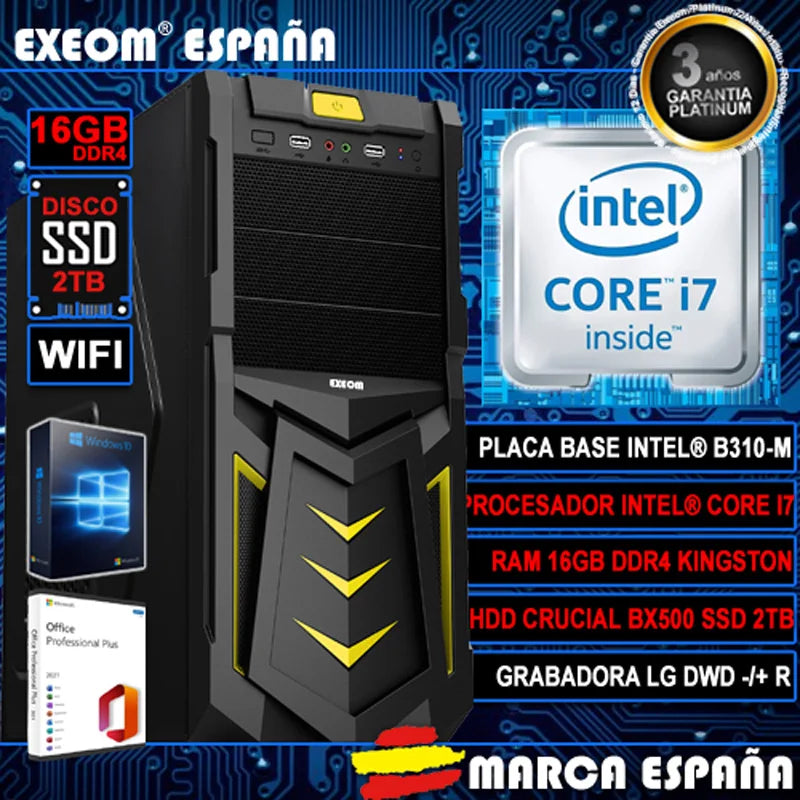 Computer Gaming Pc desktop Intel i7 16GB DDR4 SSD CRUCIAL 2TB WIFI Windows 10