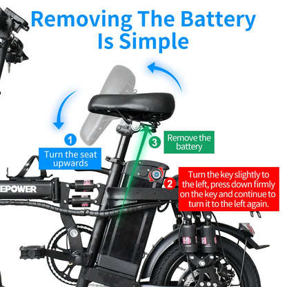 Electric Bike for Adults, 400W Motor,  up to 25MPH 14” Tires for Adult Electric Bicycles, 48V 10AH/15AHRemovable Battery