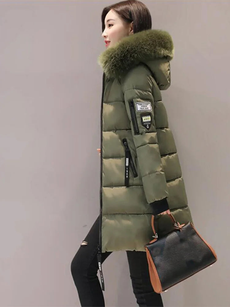 Women Winter Fur Collar Hooded Parka Fashion Letter Patch Zipper Pockets Design Long Jacket Elegant Slim Warm Thick Female Coats