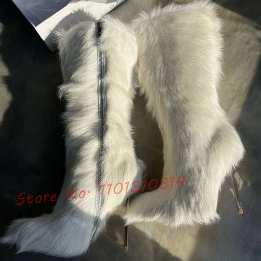 White Fur Warm High Boots Women Winter Elegant Snow Metal Stiletto Heel Sexy Shoes Pointy Toe Fashion Long Big Size Ladies Boots