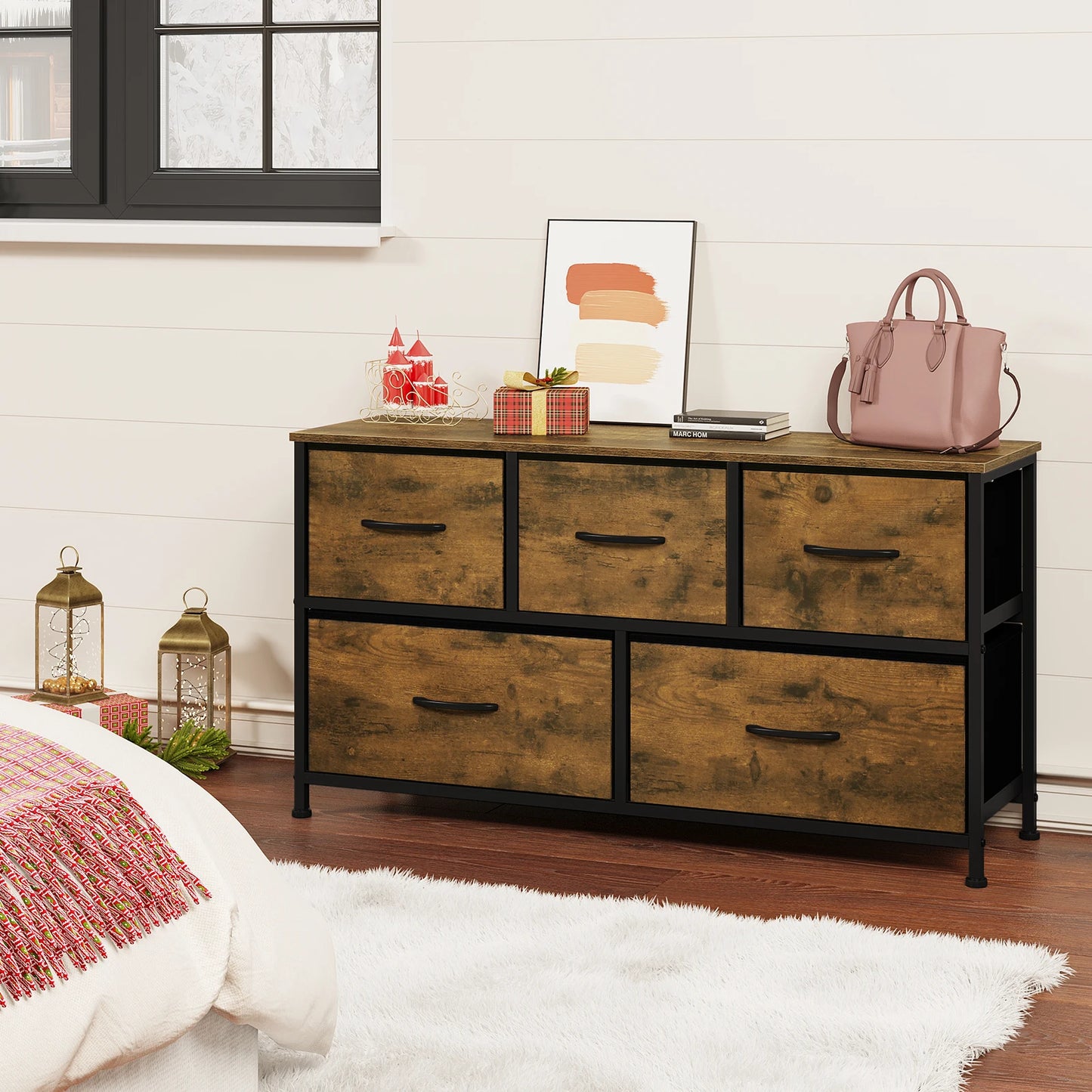 TV Cabinet Sideboard 5 Drawer Fabric Chest Storage Unit 2 Tier Wardrobe for Living Room Bedroom Hallway