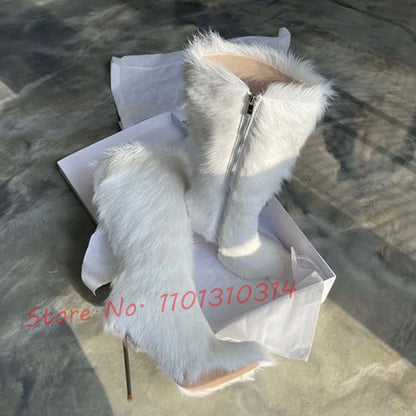 White Fur Warm High Boots Women Winter Elegant Snow Metal Stiletto Heel Sexy Shoes Pointy Toe Fashion Long Big Size Ladies Boots