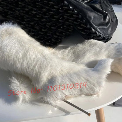 White Fur Warm High Boots Women Winter Elegant Snow Metal Stiletto Heel Sexy Shoes Pointy Toe Fashion Long Big Size Ladies Boots