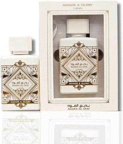 BADEE AL OUD HONOR & GLORY by Lattafa 100 ml Eau de Parfum man and woman an oriental Dubai fragrance in woody note Arabic vanilla and oud