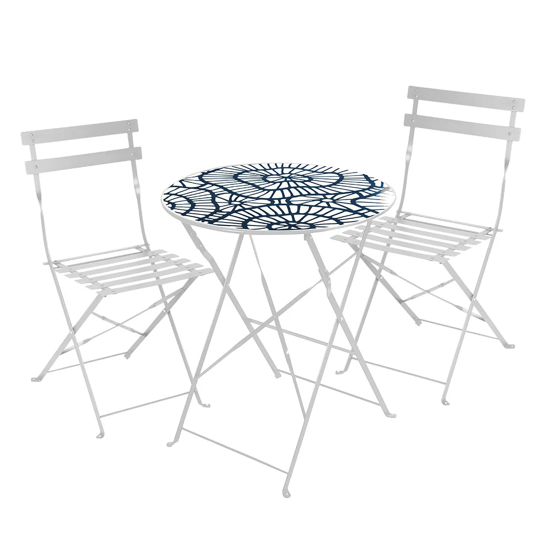 Accommodates textile-round Auxiliary table set with 2 Metal chairs. Stable and sturdy outdoor seating Set for garden, terrace and Patio.