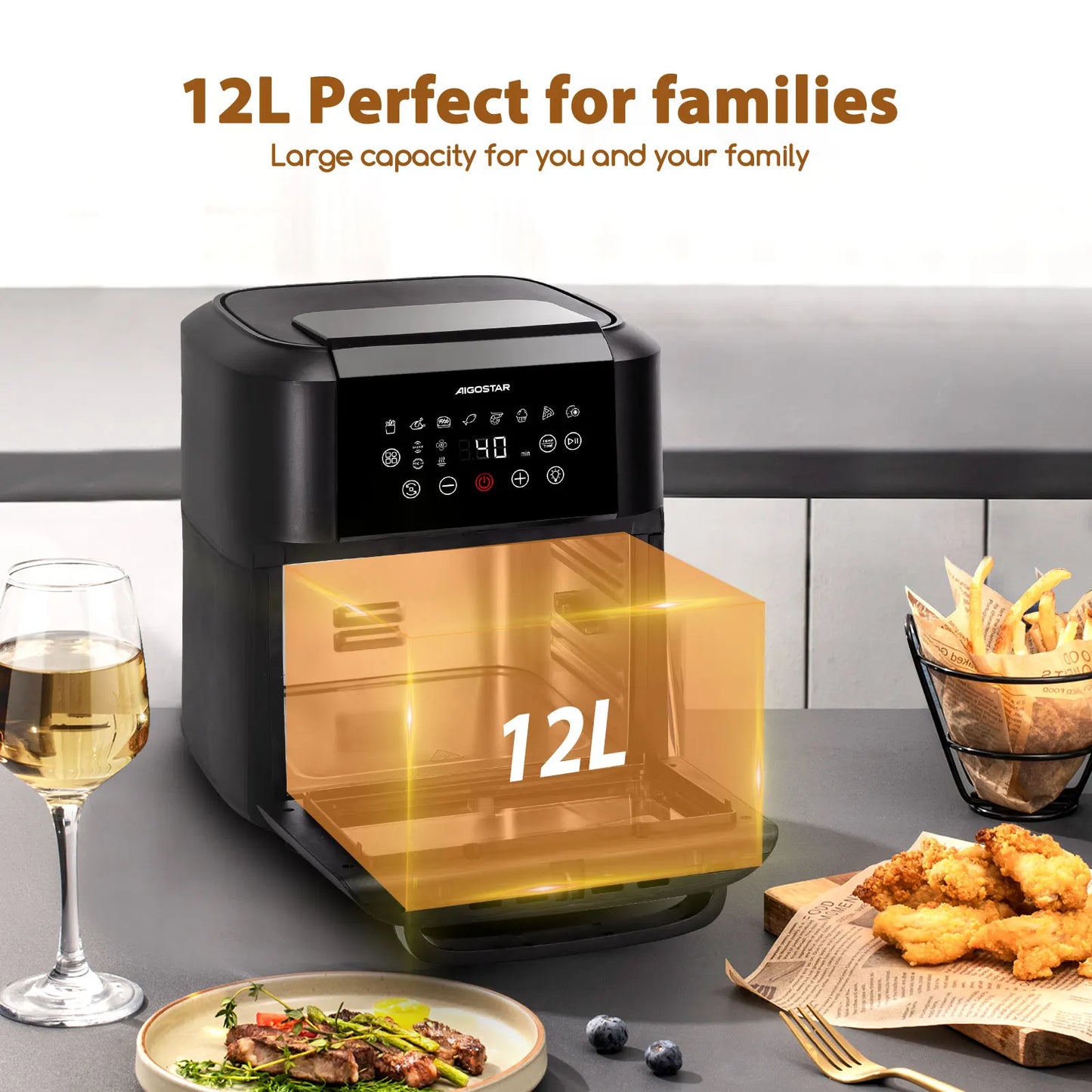 AIGOSTAR 12L Oil Free Air Fryer, 1700W, 9 Preconfigured Modes, Rotating System, Includes 7 Accessories.