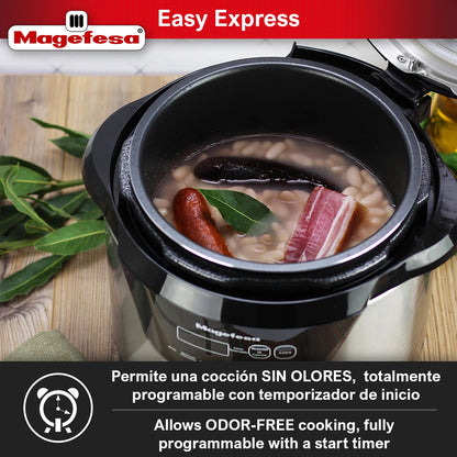 MAGEFESA®Easy Express multi-function programmable electric pressure cooker, 6 different menus, frying function, non-stick removable container, dishwasher safe