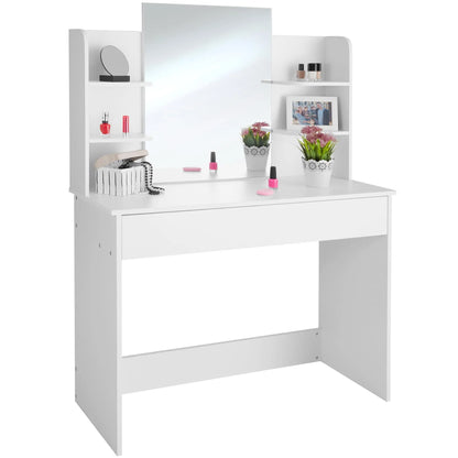 Tectake-bed dressing table | Modern dresser with large mirror | Four shelves | Wide drawer with three compartments