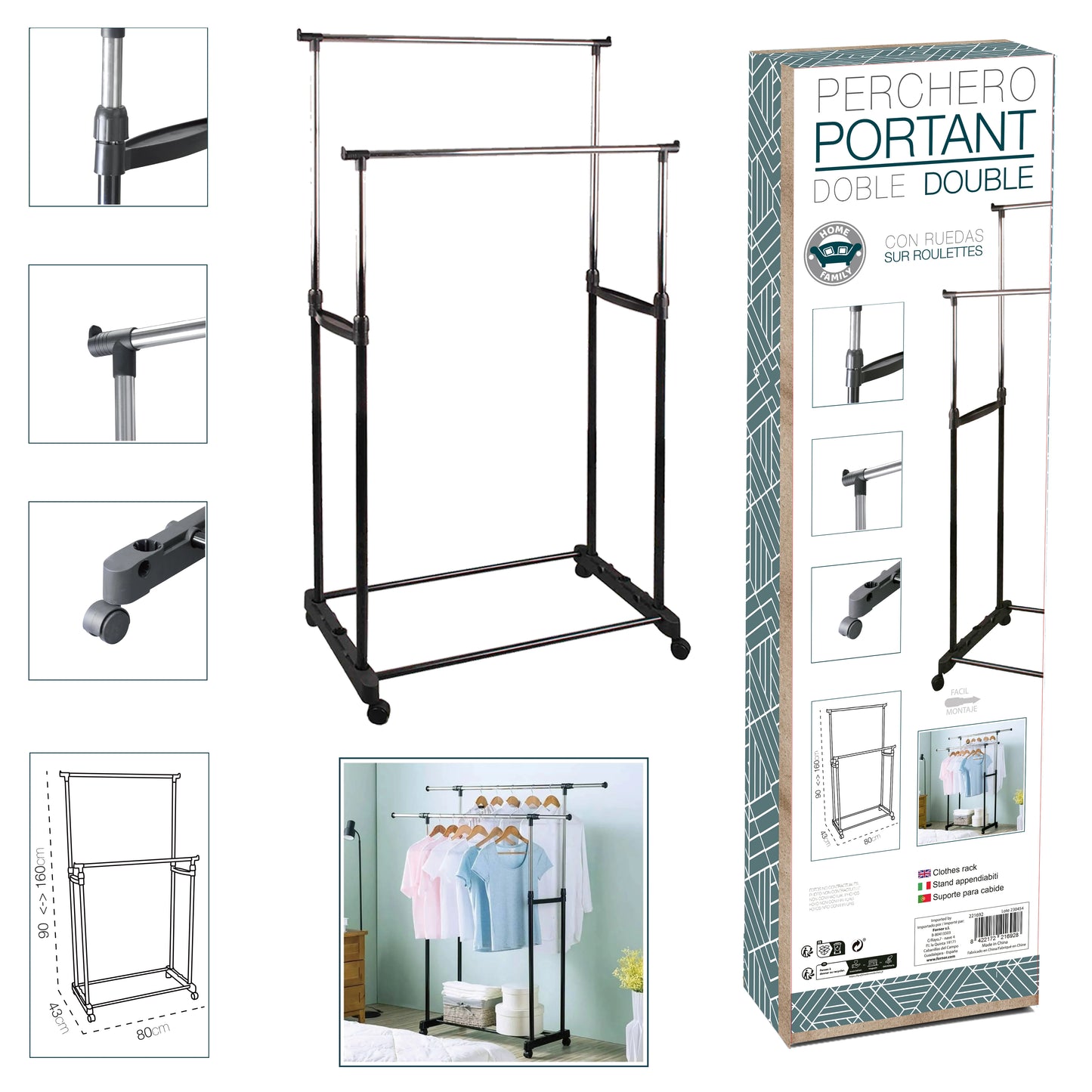 Standing rack with wheels, stainless steel, double 80x43x90 to 160 cm, donkey clothes rack, extendable metal frame, hangers and clothes organizer