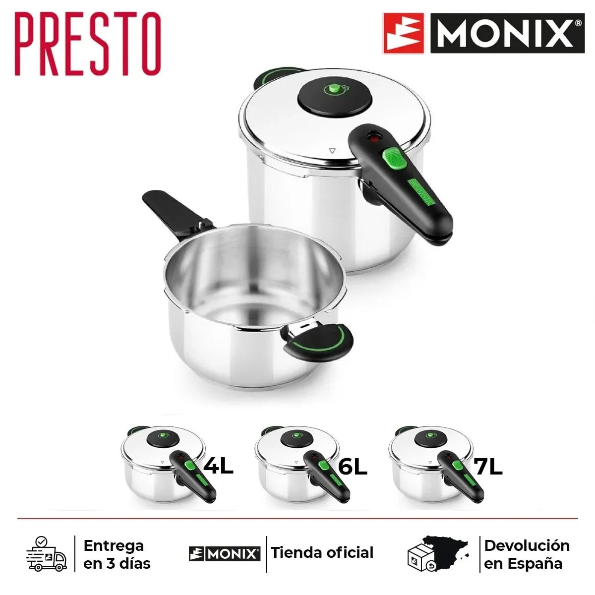 Monix Presto stainless steel pressure cooker, 4 to 7 litres, Gas cooker, ceramic hob and induction