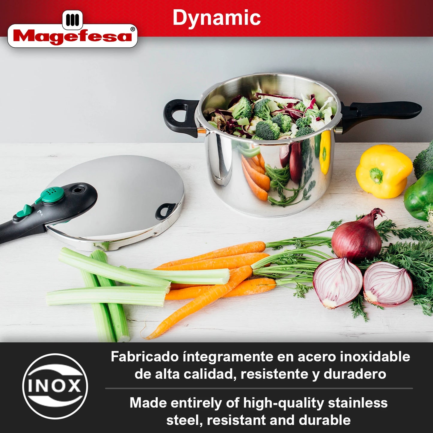 MAGEFESA®Dynamic super fast pressure cooker + basket, made of 18/10 stainless steel, for all kinds of cookers including induction, 5 security systems, easy use, express