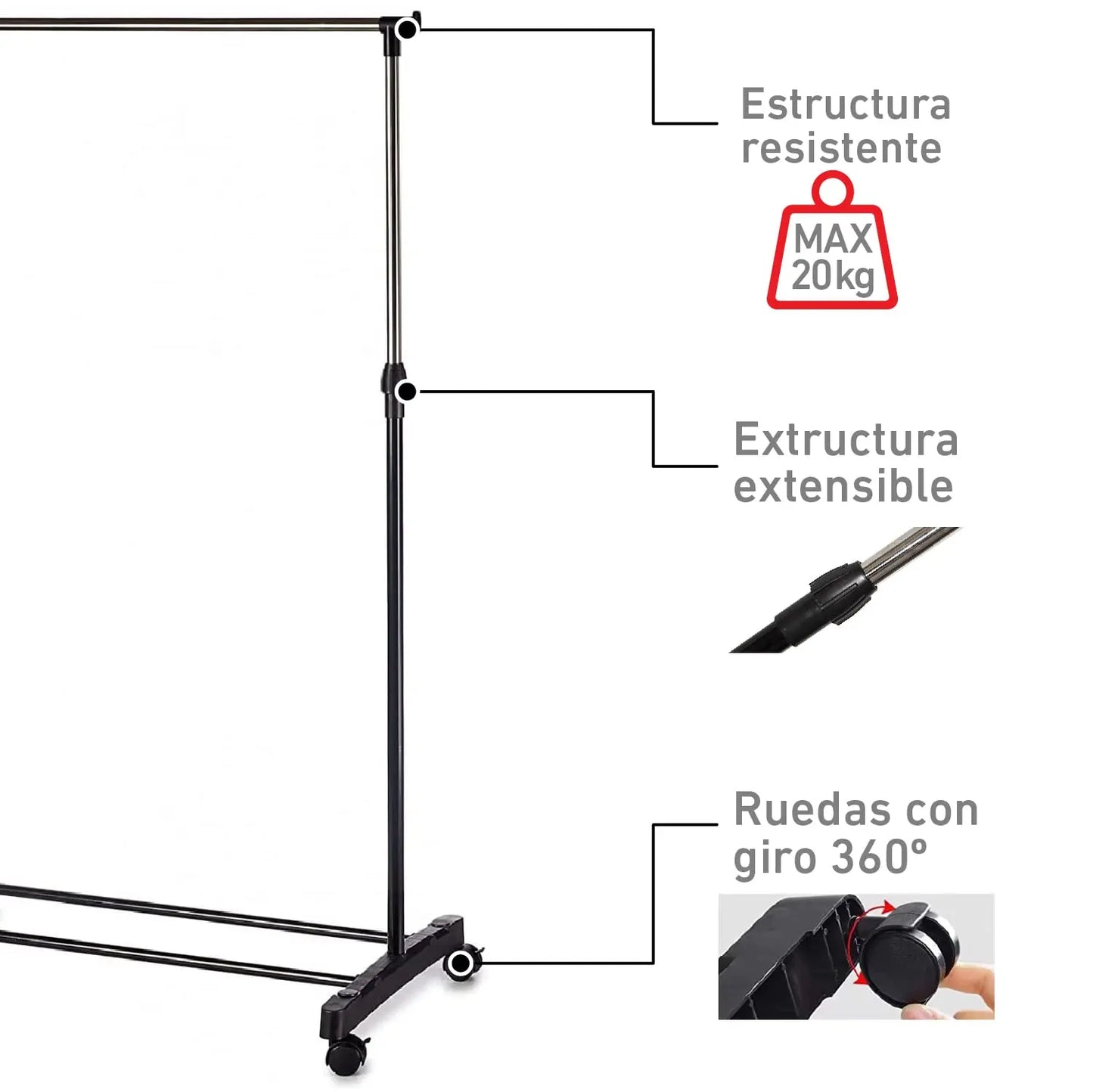 Standing rack with wheels, stainless steel, double 80x43x90 to 160 cm, donkey clothes rack, extendable metal frame, hangers and clothes organizer