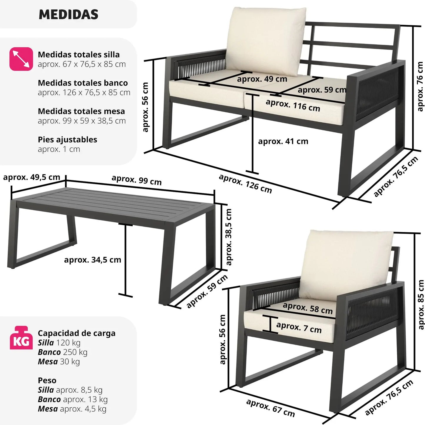 Tectake-Captivo garden furniture set with rope design | Comfortable outdoor furniture set for up to 4 people with rope design | Sturdy structure of lightweight aluminum and stainless | Large and extra cushions thick