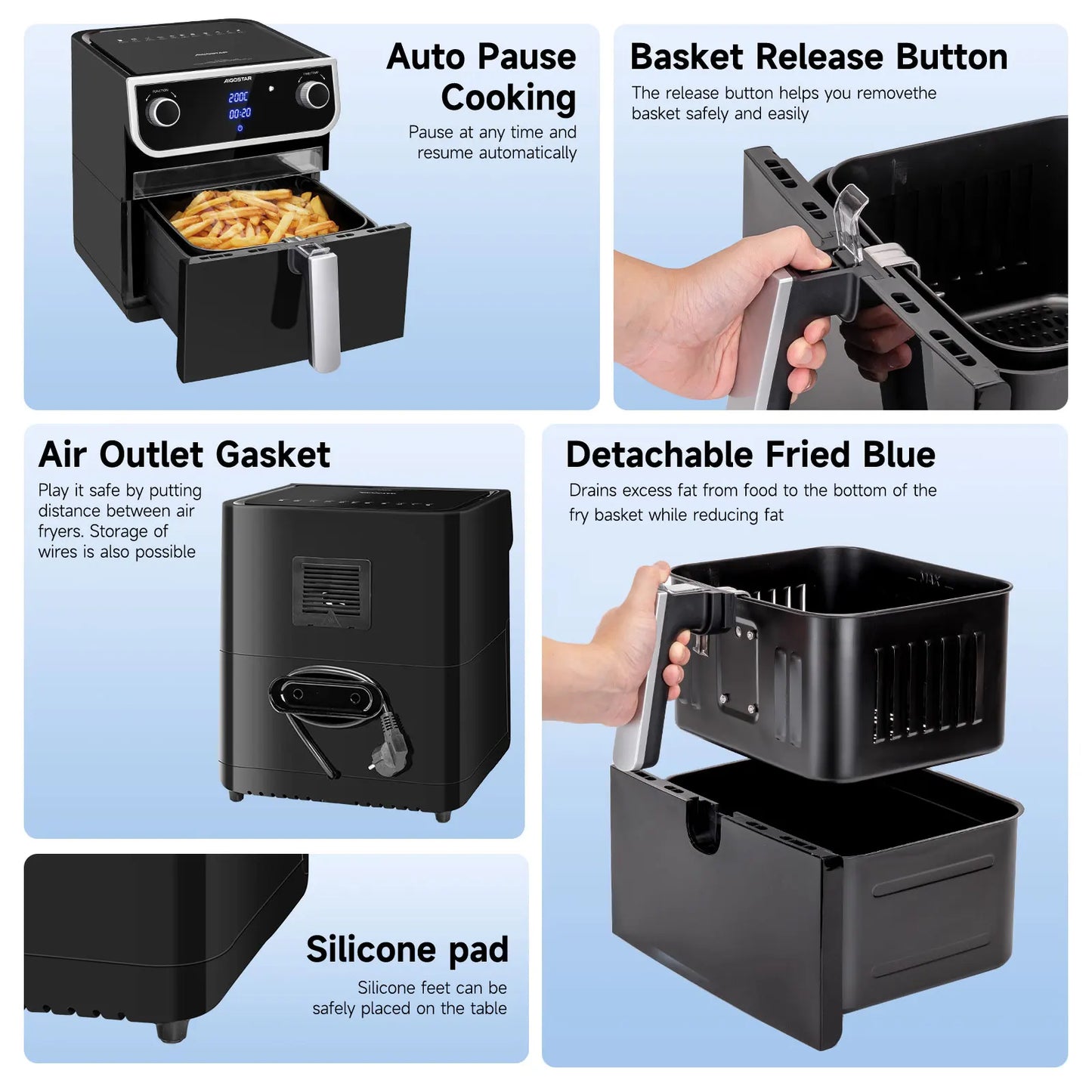 AIGOSTAR electronic air fryer-8 L with display window, 12 preset functions + Manual, 1700W.