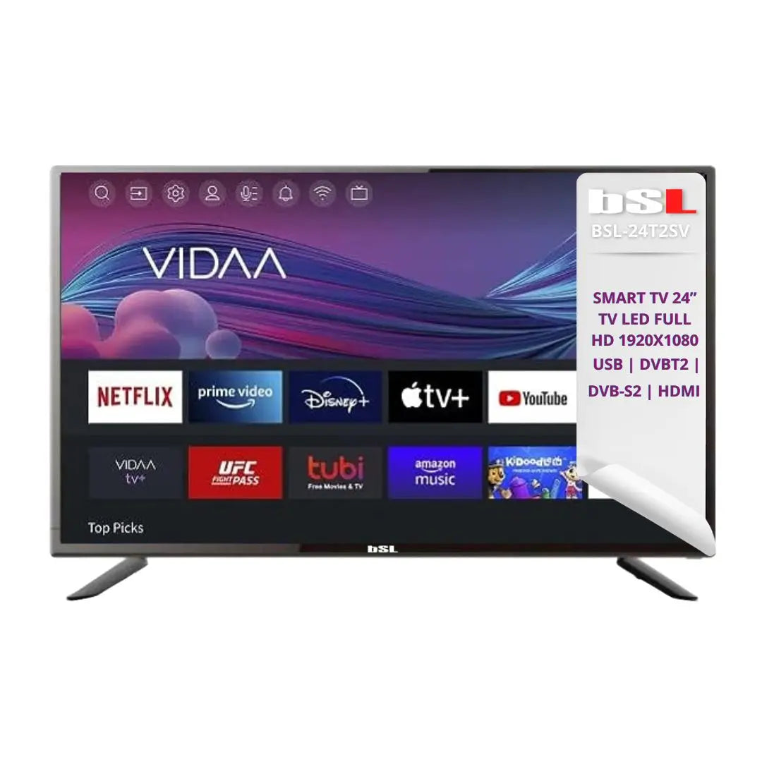 BSL-24T2SV VIDAA SMART TV 24 inch WIFI RJ45 resolution FULL HD 1920X1080p USB DVBT2/S2/C Compatible with Youtube , Netflix , Disney + , Dazn , Prime HDMI.