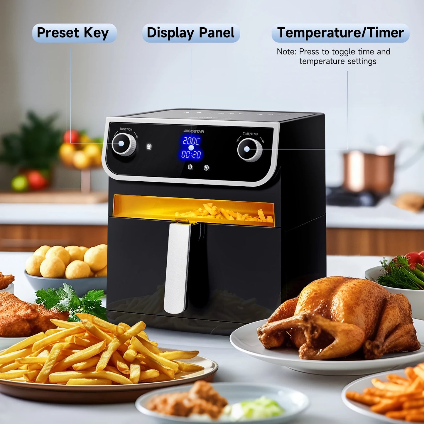 AIGOSTAR electronic air fryer-8 L with display window, 12 preset functions + Manual, 1700W.