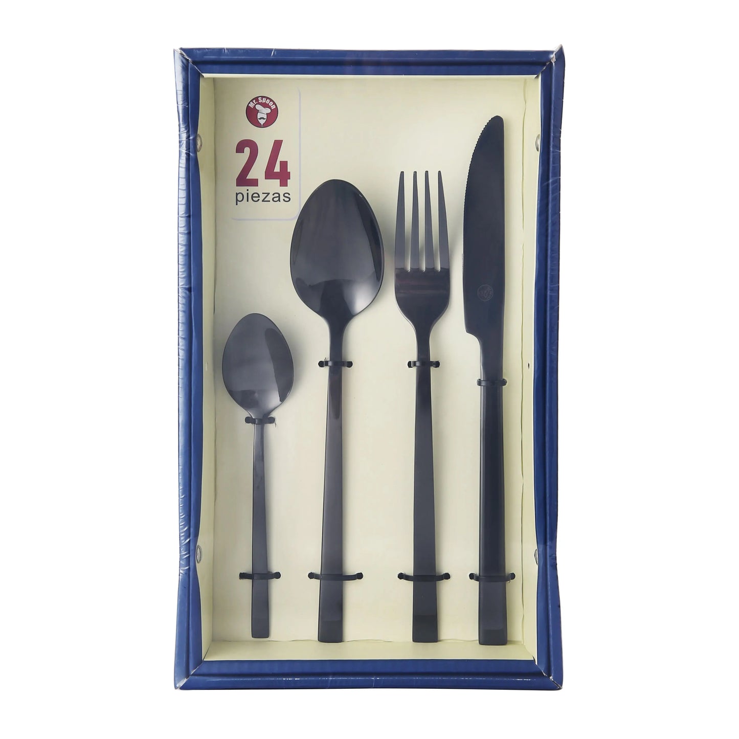 Mr.Spoon Set 24 PCs Cutlery, 18/0 Stainless Steel, Glitter Black Color, Includes Knife/Fork/Spoon/Spoon, Cutlery for 6 People, Dishwasher Safe. Gift Box Home Hotel restaurant 70192