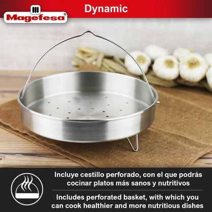 MAGEFESA®Dynamic super fast pressure cooker + basket, made of 18/10 stainless steel, for all kinds of cookers including induction, 5 security systems, easy use, express