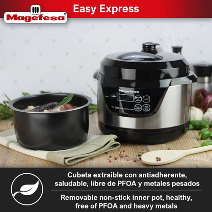 MAGEFESA®Easy Express multi-function programmable electric pressure cooker, 6 different menus, frying function, non-stick removable container, dishwasher safe