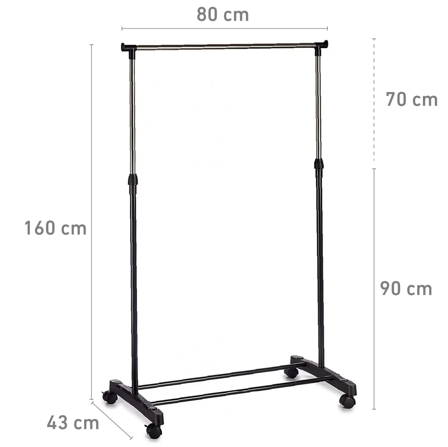 Standing rack with wheels, stainless steel, double 80x43x90 to 160 cm, donkey clothes rack, extendable metal frame, hangers and clothes organizer