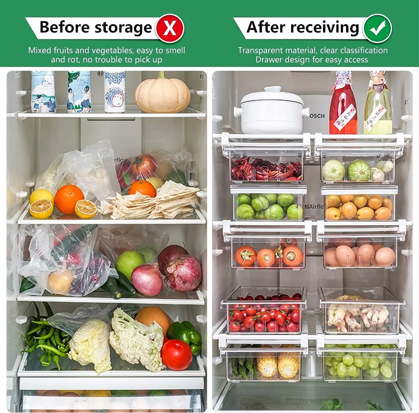 Transparent refrigerator organizer removable refrigerator drawer box refrigerator storage box with handle for refrigerator kitchen cabinets vegetable fruit (8 grid). Shipping from Spain