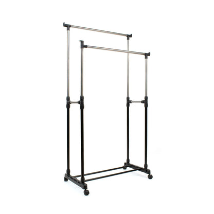 Standing rack with wheels, stainless steel, double 80x43x90 to 160 cm, donkey clothes rack, extendable metal frame, hangers and clothes organizer