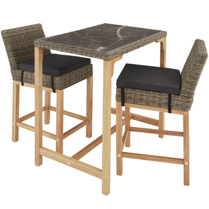 Tectake Kutina rattan bar table with 2 Latin chairs | Elegant garden bar furniture set, patio terrace | Marble stoneware removable porcelain board | Fine quality synthetic rattan braid with grape protection