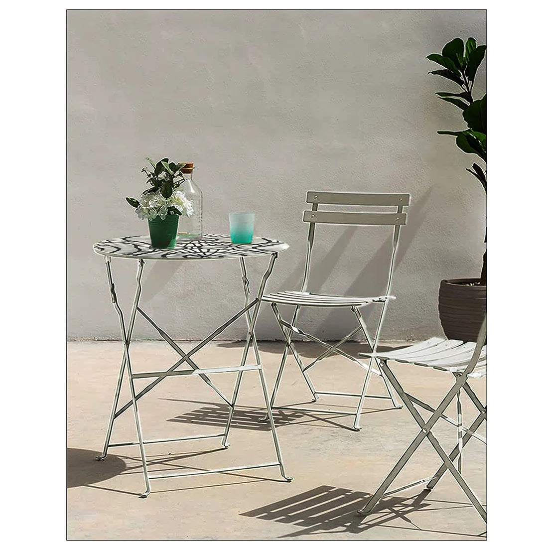 Accommodates textile-round Auxiliary table set with 2 Metal chairs. Stable and sturdy outdoor seating Set for garden, terrace and Patio.