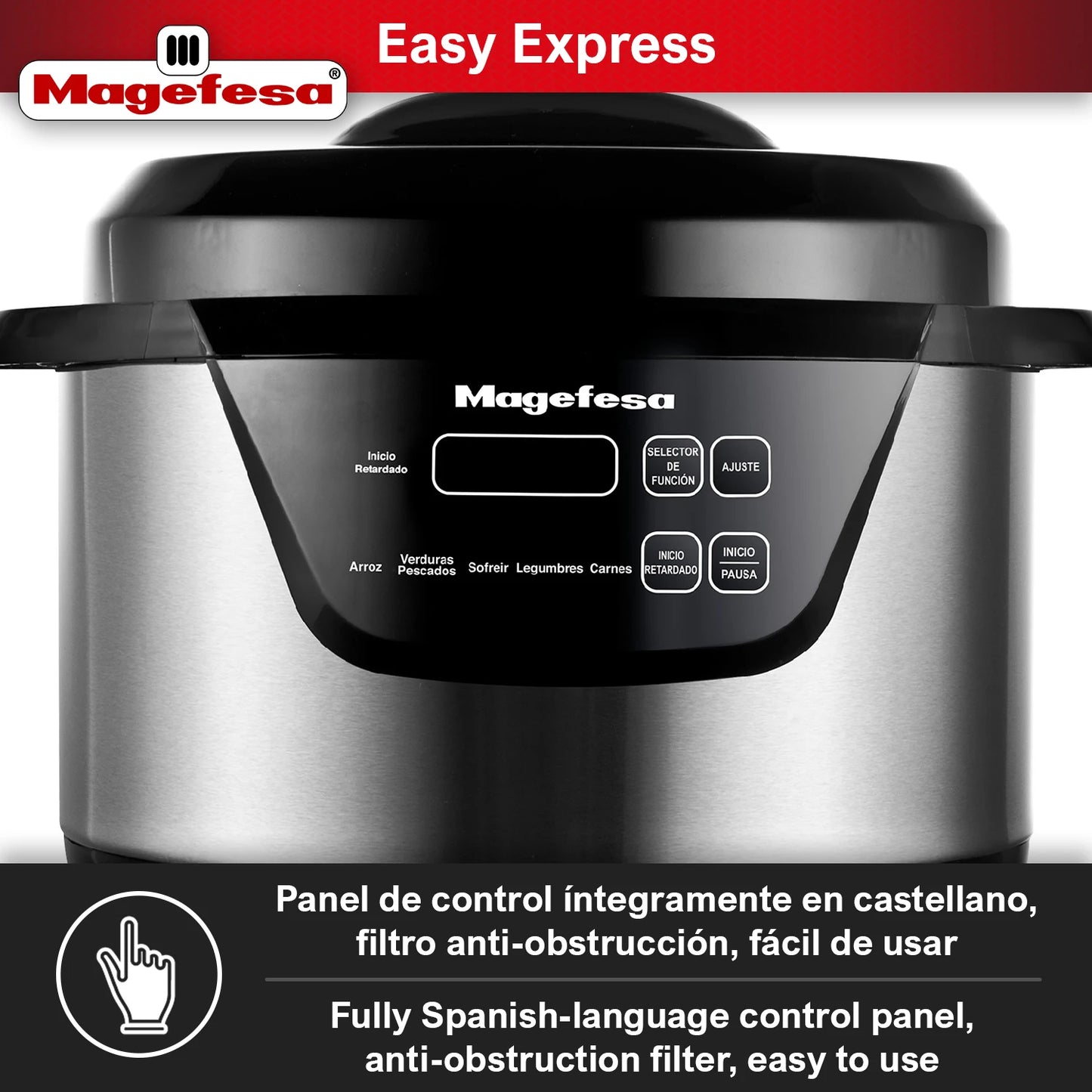 MAGEFESA®Easy Express multi-function programmable electric pressure cooker, 6 different menus, frying function, non-stick removable container, dishwasher safe