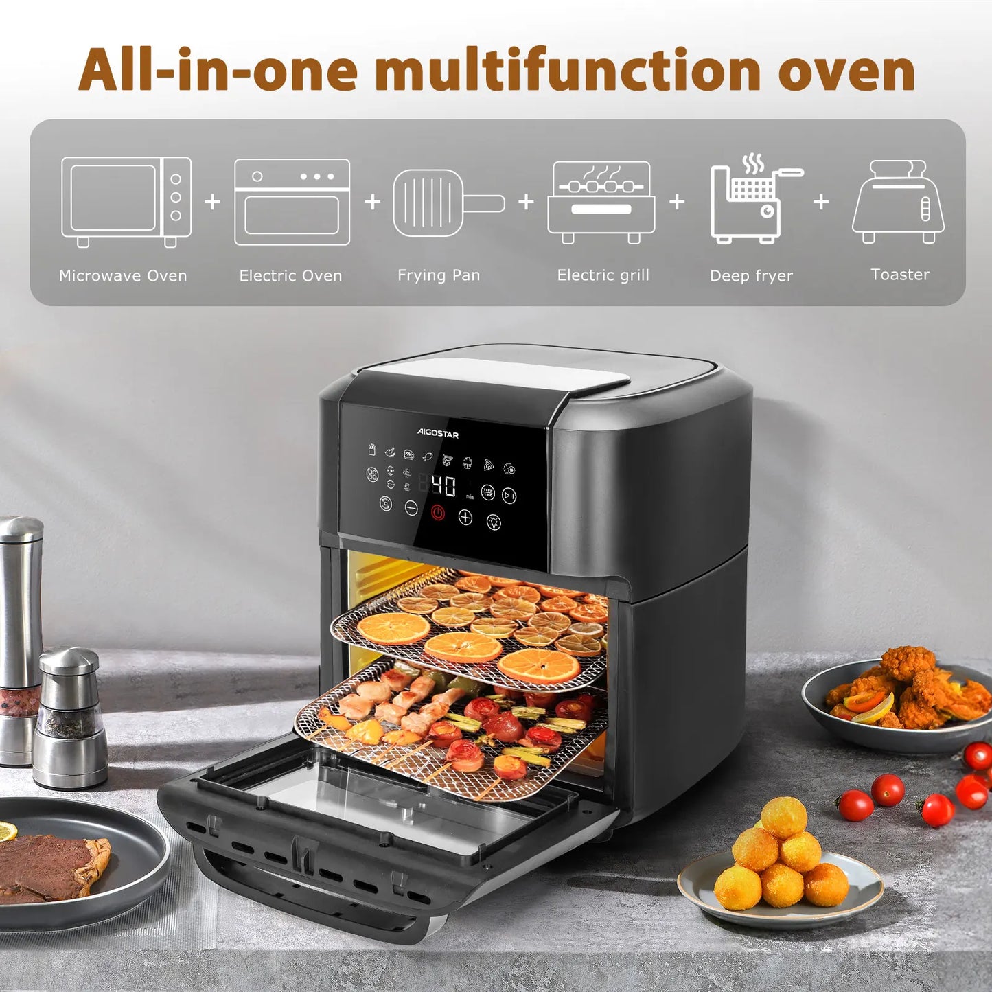 AIGOSTAR 12L Oil Free Air Fryer, 1700W, 9 Preconfigured Modes, Rotating System, Includes 7 Accessories.