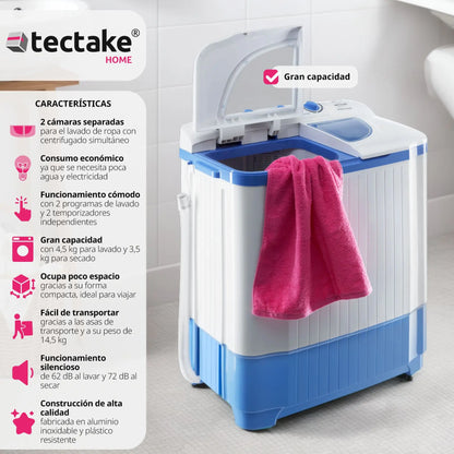 Tectake 4,5 kg Portable mini Washing Machine with Centrifuge, Top Load, Energy Saving, Portable mini Washing Machine for camping, Caravans, Home, camping Washing Machine, 2 in 1 lava and centrifuge, manageable, practical and