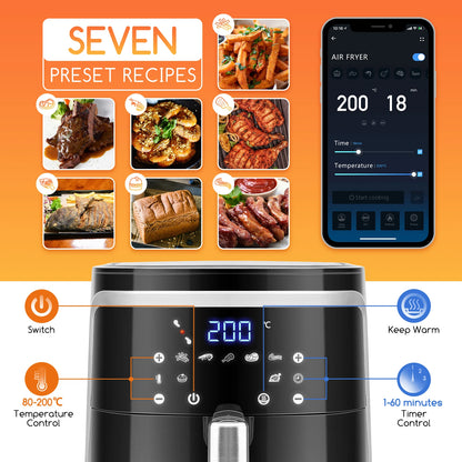 AIGOSTAR 7L 1900W Intelligent Oil Free Air Fryer Wifi connection. LED touch screen, 7 preset functions + keep warm and manual mode, BPA free