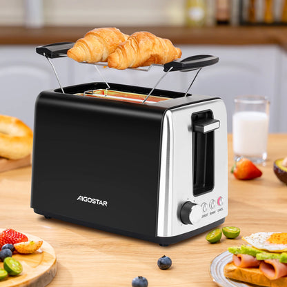 AIGOSTAR toaster, 3 functions, 2 Extra wide slots and stainless steel heater rack, 7 settings, detachable pickup tray, defrost and reheat, Auto off.(750W)