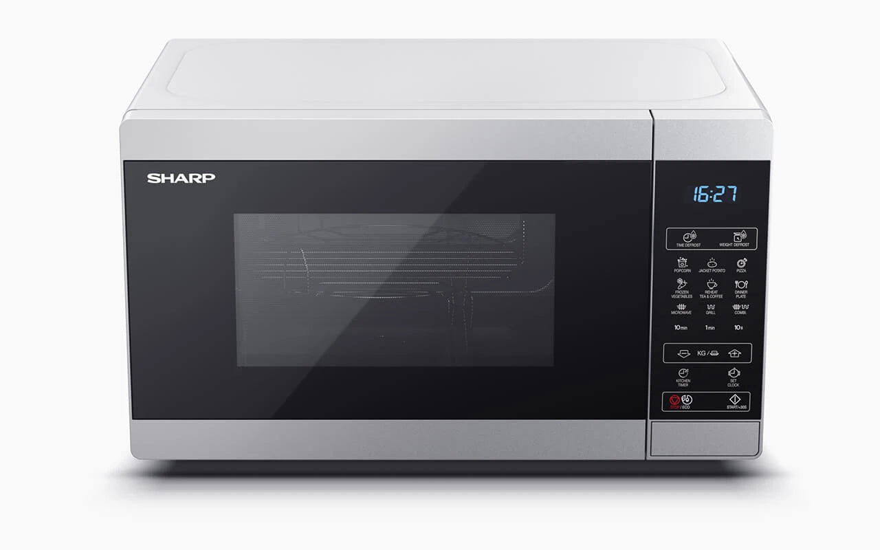 SHARP YC-MG02ES microwave oven 20 litres, grill function, defrost program, 11 power levels, timer function, turntable included