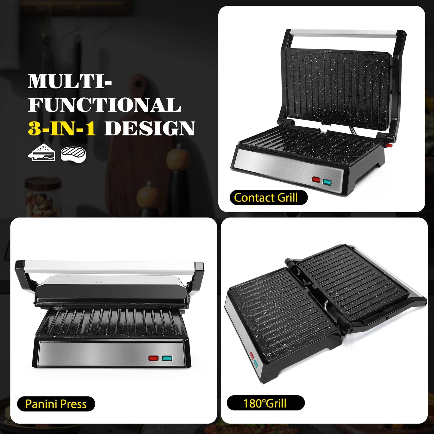 AIGOSTAR Sandwicheras and Panini Electric Grill Grill (180 ° opening, non-stick plates, 1500W)