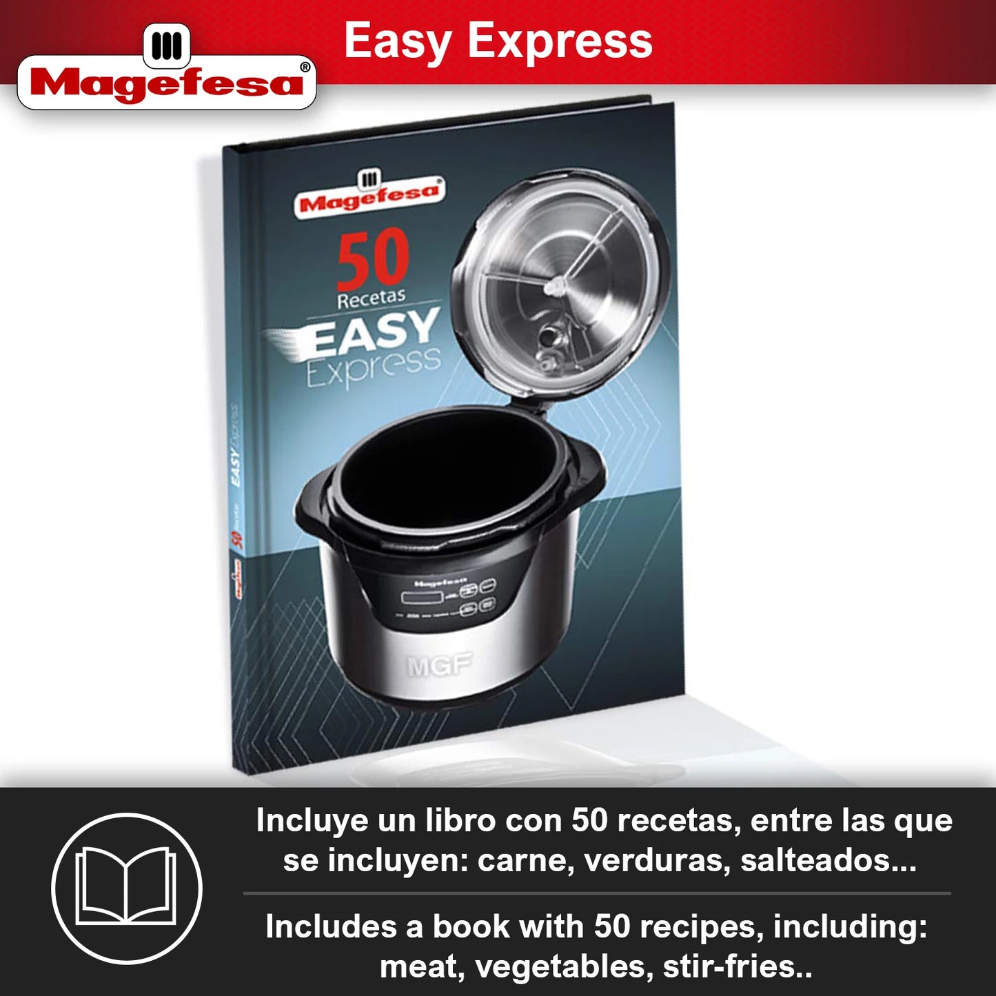 MAGEFESA®Easy Express multi-function programmable electric pressure cooker, 6 different menus, frying function, non-stick removable container, dishwasher safe