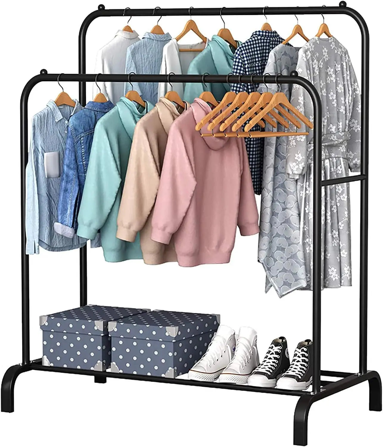 T-lovendo rack donkey double Rail rack clothes rack boxes-clothes organizer with double hanging bar and shelf for shoes and boxes-great for jackets, dresses and more-stability and safety-easy assembly-black or white