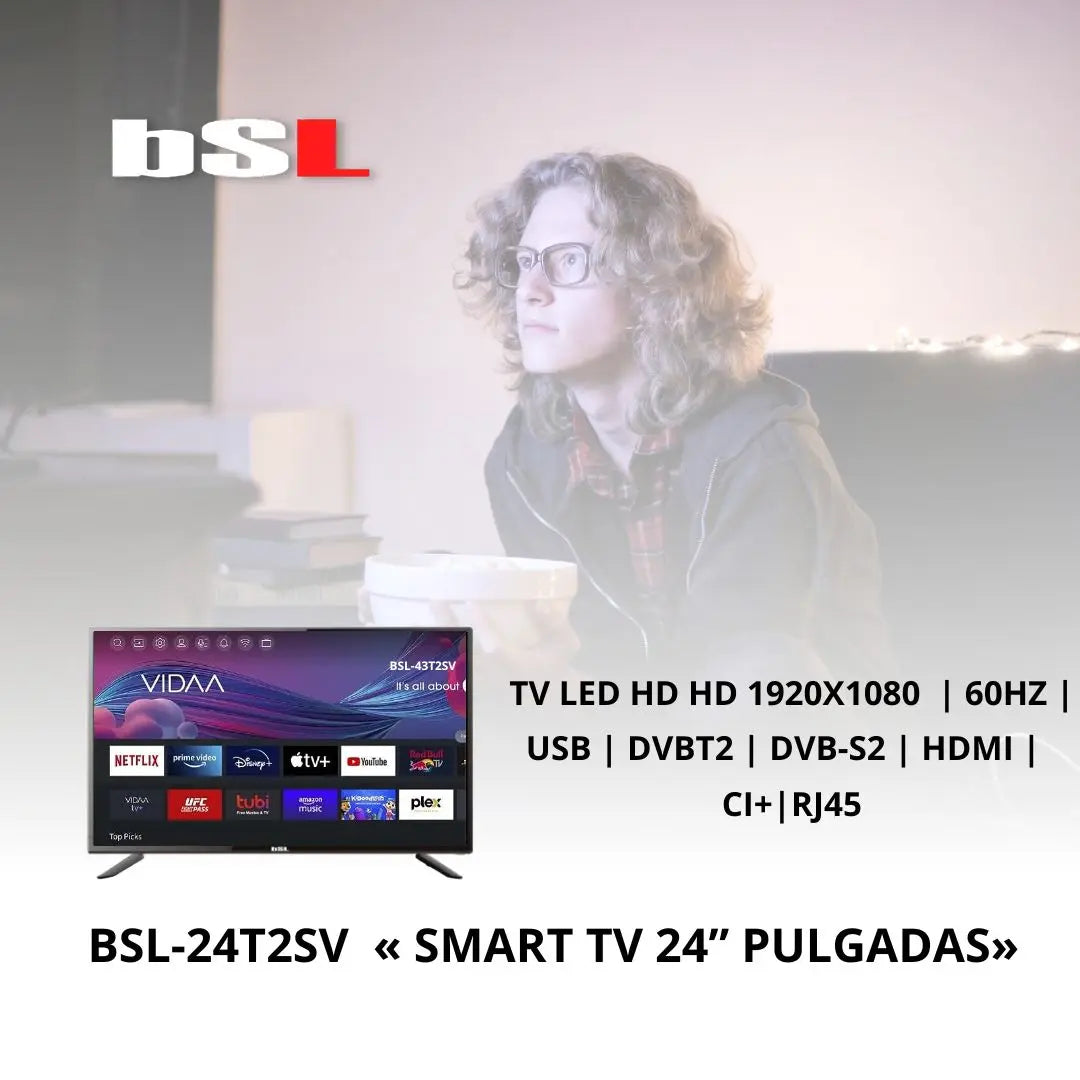 BSL-24T2SV VIDAA SMART TV 24 inch WIFI RJ45 resolution FULL HD 1920X1080p USB DVBT2/S2/C Compatible with Youtube , Netflix , Disney + , Dazn , Prime HDMI.