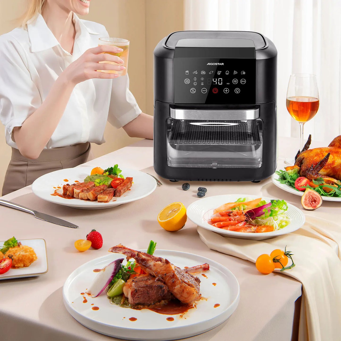 AIGOSTAR 12L Oil Free Air Fryer, 1700W, 9 Preconfigured Modes, Rotating System, Includes 7 Accessories.