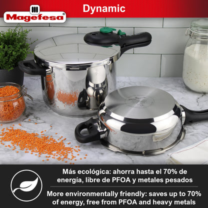 MAGEFESA®Dynamic super fast pressure cooker + basket, made of 18/10 stainless steel, for all kinds of cookers including induction, 5 security systems, easy use, express