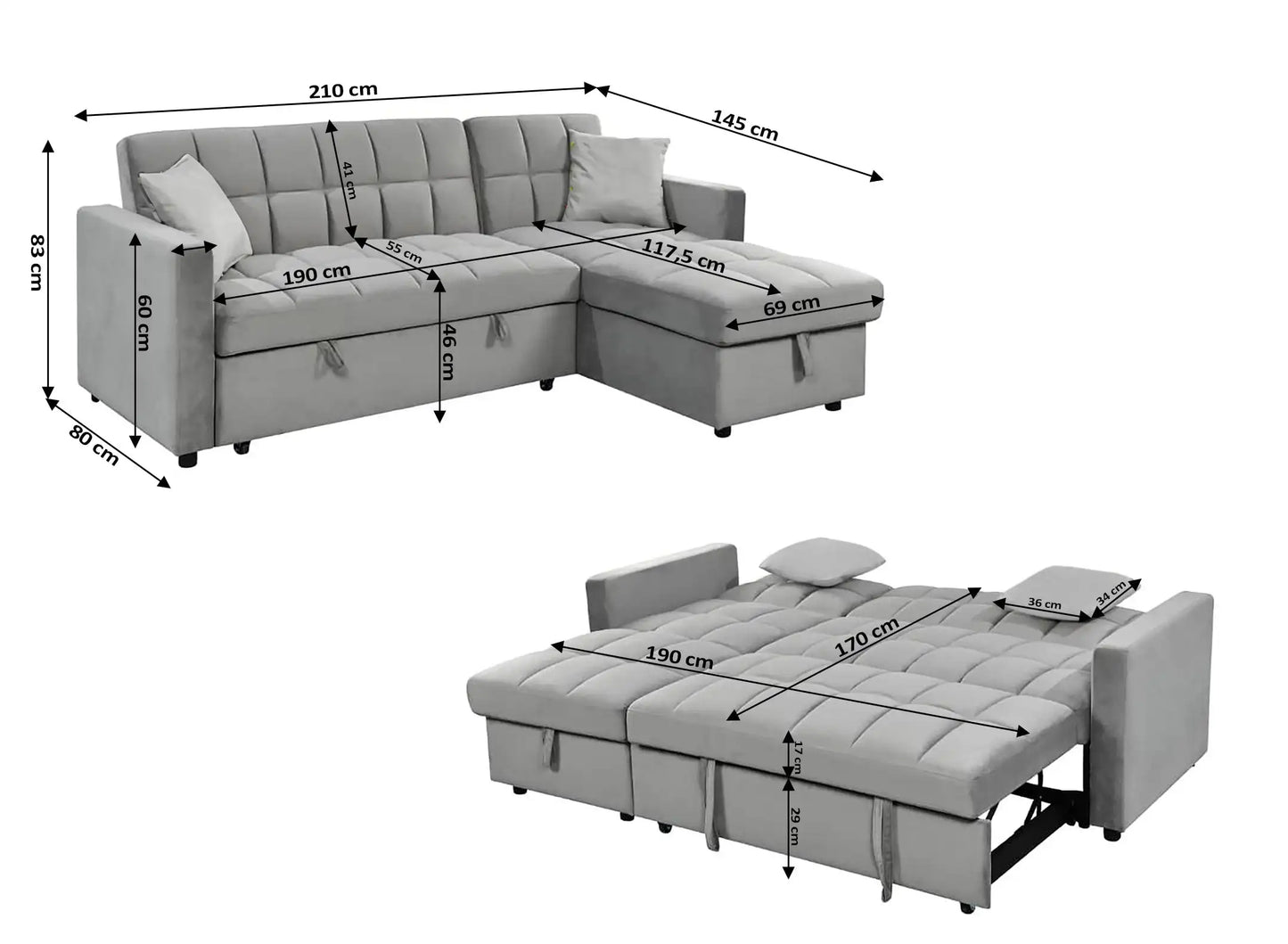 Sofa Bed Chaise Longue Kris 210cm balances and Stocks