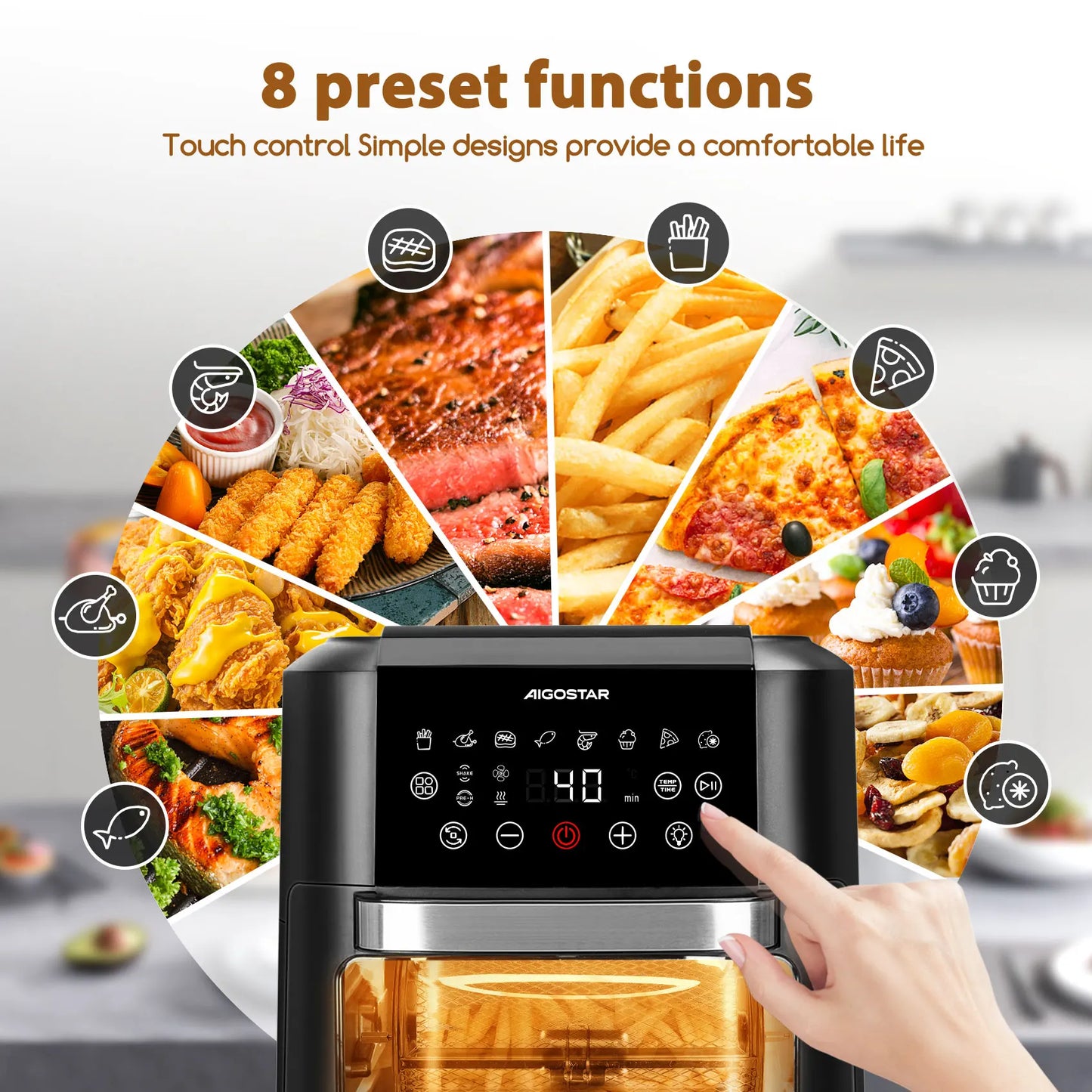 AIGOSTAR 12L Oil Free Air Fryer, 1700W, 9 Preconfigured Modes, Rotating System, Includes 7 Accessories.