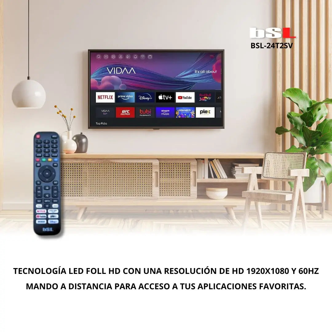 BSL-24T2SV VIDAA SMART TV 24 inch WIFI RJ45 resolution FULL HD 1920X1080p USB DVBT2/S2/C Compatible with Youtube , Netflix , Disney + , Dazn , Prime HDMI.