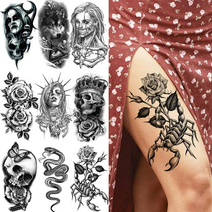 Tatuajes temporales de flores de escorpión y rosa para mujeres adultas, tatuajes falsos realistas de vampiro, lobo, serpiente aterradora y corona para el brazo