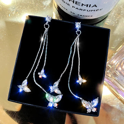 Korean Shiny Butterfly Crystal Drop Earring Bijoux Long Tassel Dangle Earrings for Women Statement Earrings Party Jewelry Gifts