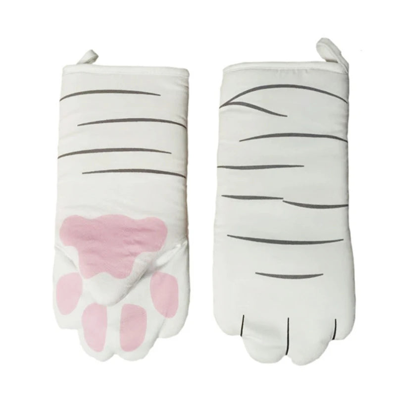 3D Cartoon Cat Paws Oven Mitts Long Cotton Baking Insulation Gloves Microwave Heat Resistant Non-Slip Kitchen Gloves