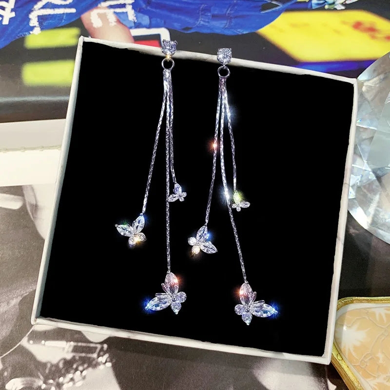 Korean Shiny Butterfly Crystal Drop Earring Bijoux Long Tassel Dangle Earrings for Women Statement Earrings Party Jewelry Gifts